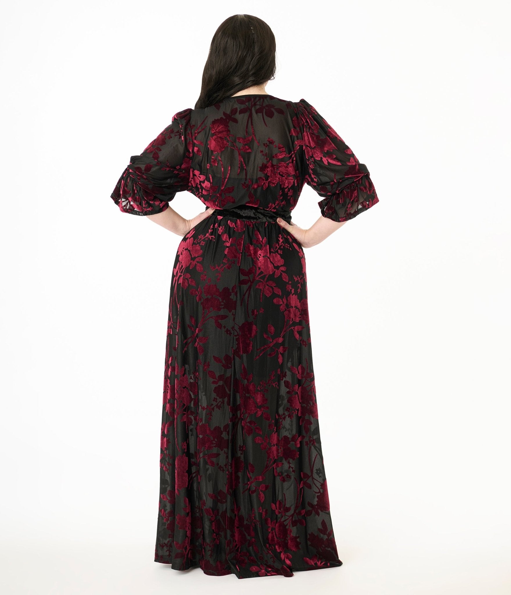 Unique Vintage Plus Size Black & Berry Floral Velvet Burnout Duster - Unique Vintage - Womens, DRESSES, MAXI