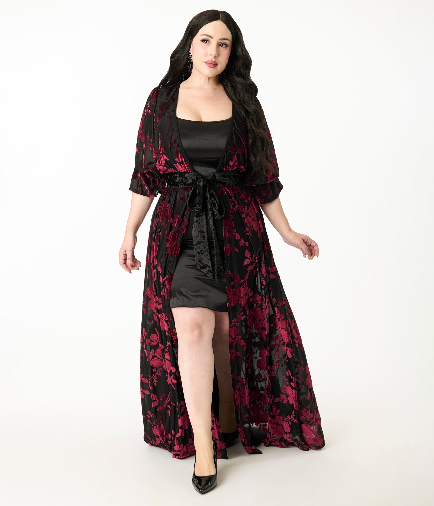 Unique Vintage Plus Size Black & Berry Floral Velvet Burnout Duster - Unique Vintage - Womens, DRESSES, MAXI