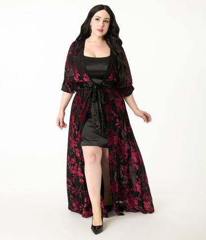Unique Vintage Plus Size Black & Berry Floral Velvet Burnout Duster - Unique Vintage - Womens, DRESSES, MAXI
