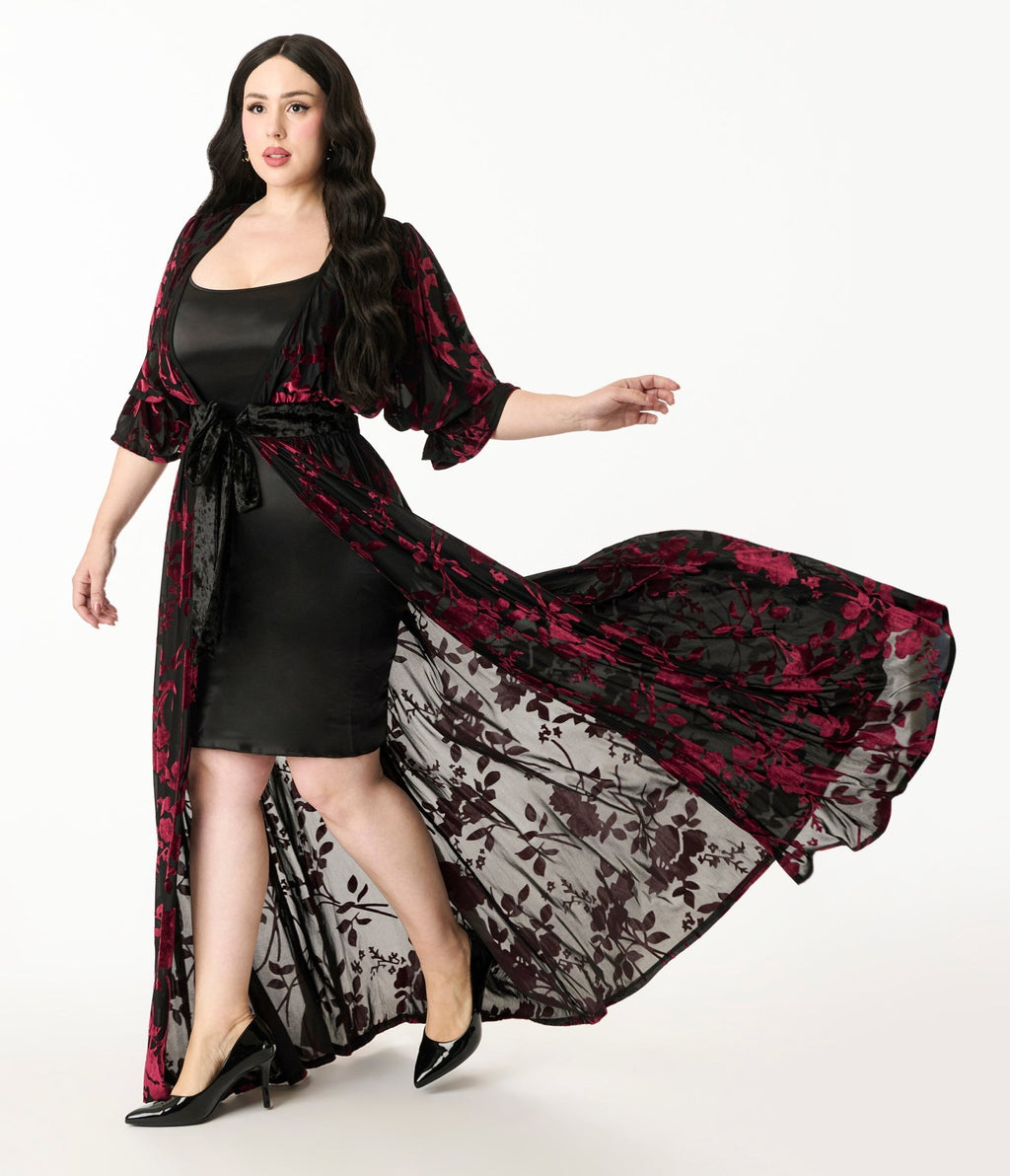chinese dress ladies Unique Vintage Plus Size Black & Berry Floral Velvet Burnout Duster