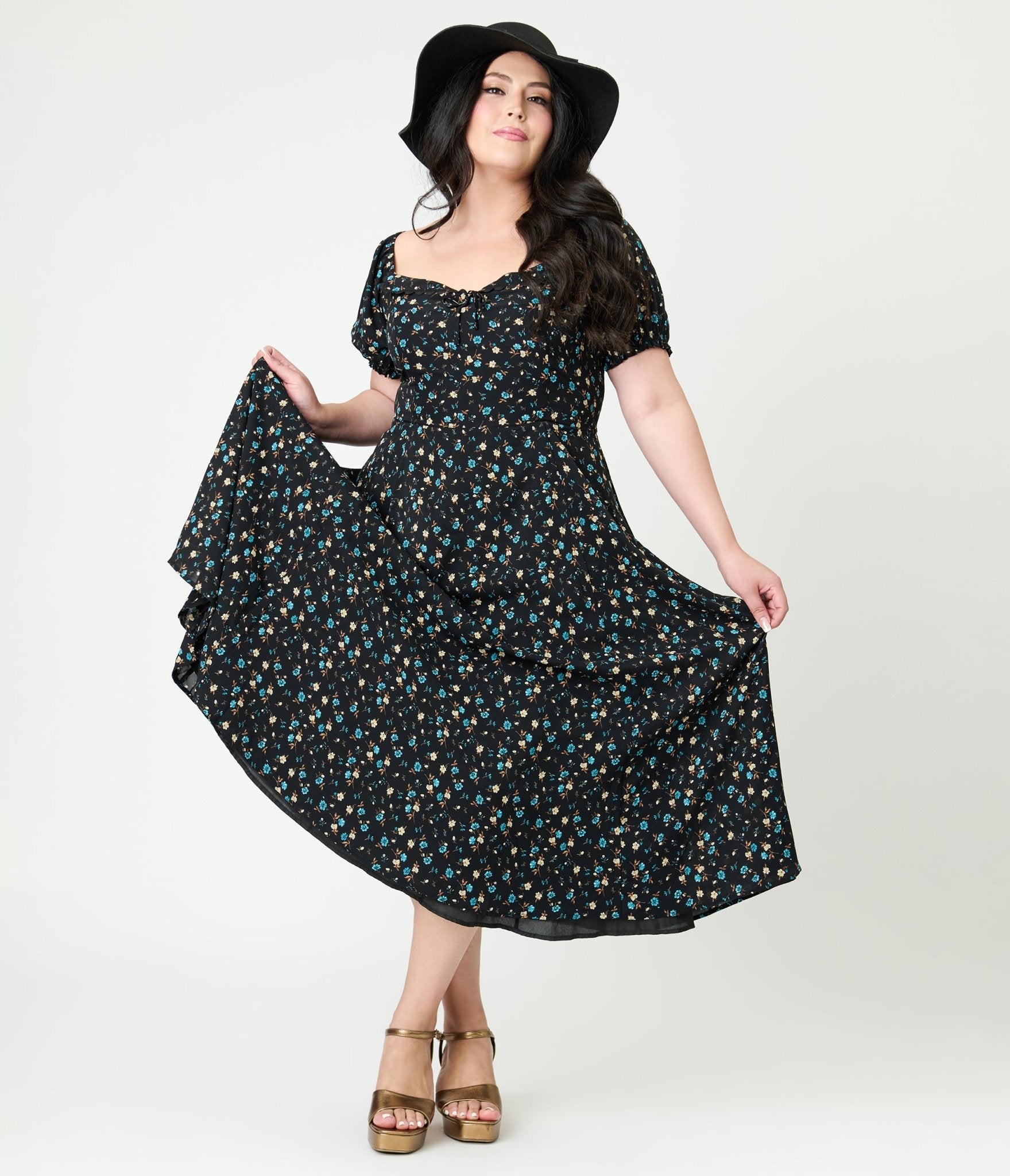 Unique Vintage Plus Size Black & Blue Floral Puff Sleeve Midi Dress