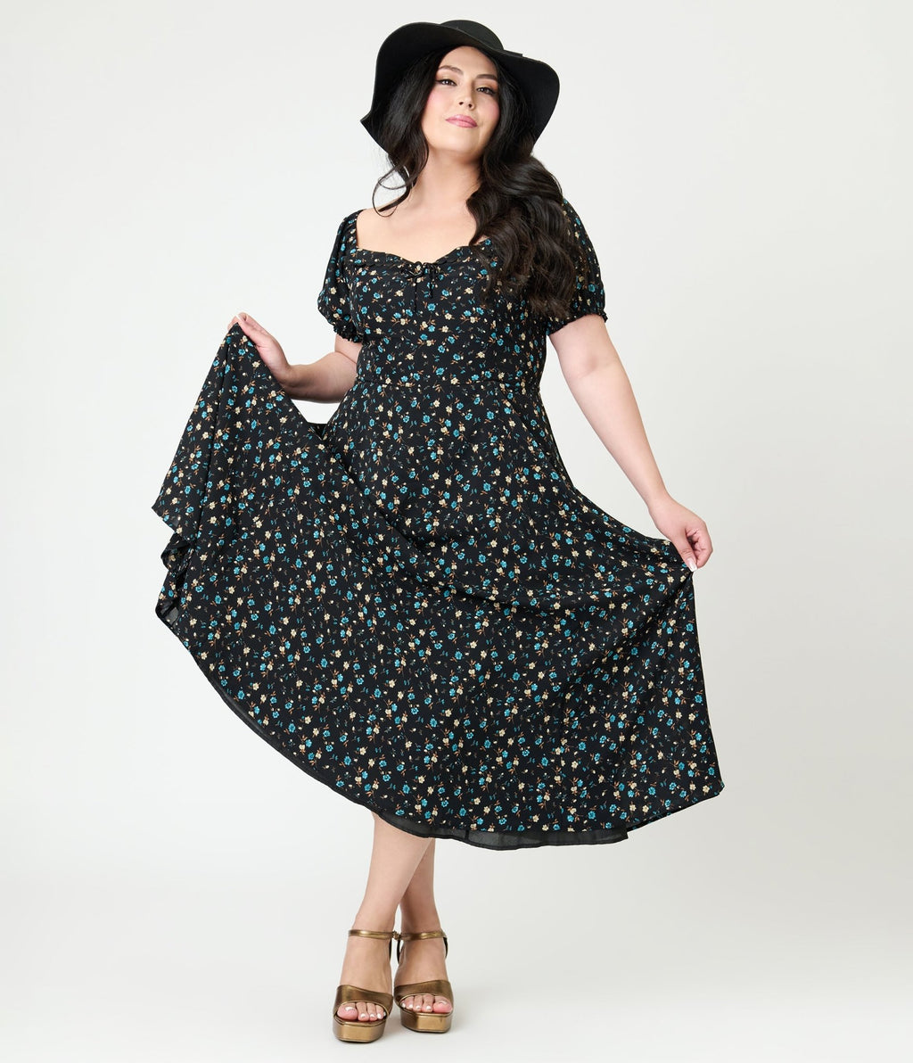 Unique Vintage Plus Size Black & Blue Floral Puff Sleeve Midi Dress - Unique Vintage - Womens, DRESSES, MAXI