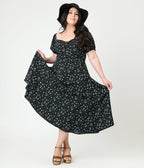 Unique Vintage Plus Size Black & Blue Floral Puff Sleeve Midi Dress - Unique Vintage - Womens, DRESSES, MAXI