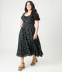 Unique Vintage Plus Size Black & Blue Floral Puff Sleeve Midi Dress