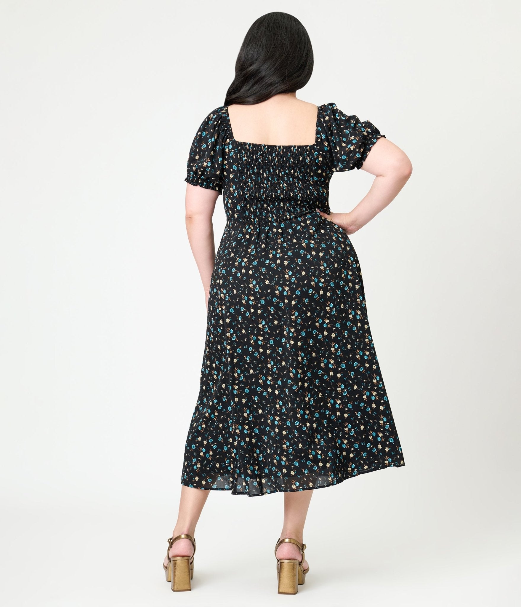 black midi floral dress Unique Vintage Plus Size Black & Blue Floral Puff Sleeve Midi Dress