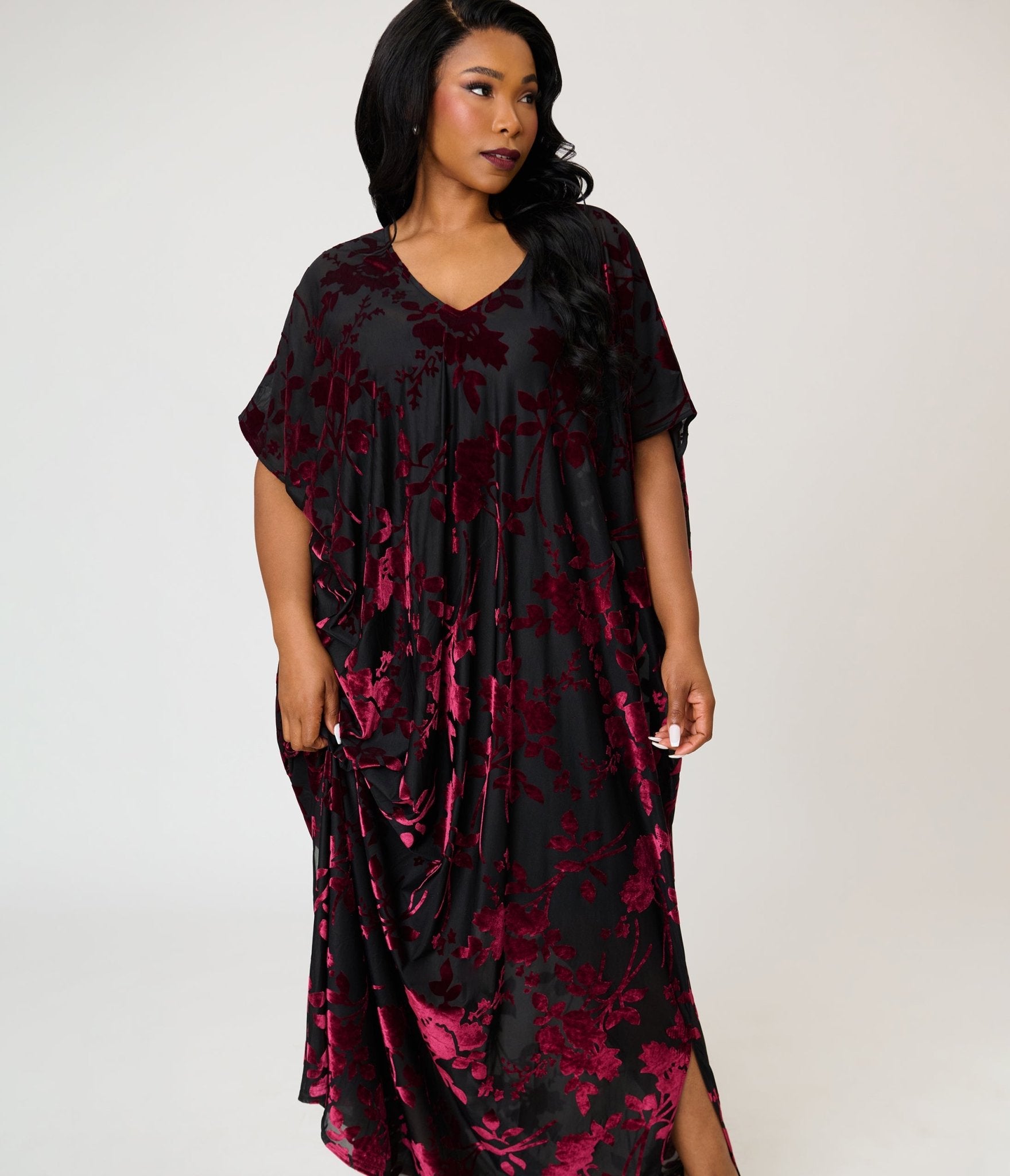 Unique Vintage Plus Size Black & Burgundy Floral Burnout Shannon Cafta