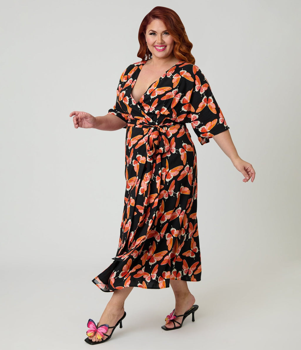 Unique Vintage Plus Size Black Butterfly Print Wrap Midi Dress Unique Vintage Plus Size Black Butterfly Print Wrap Midi Dress