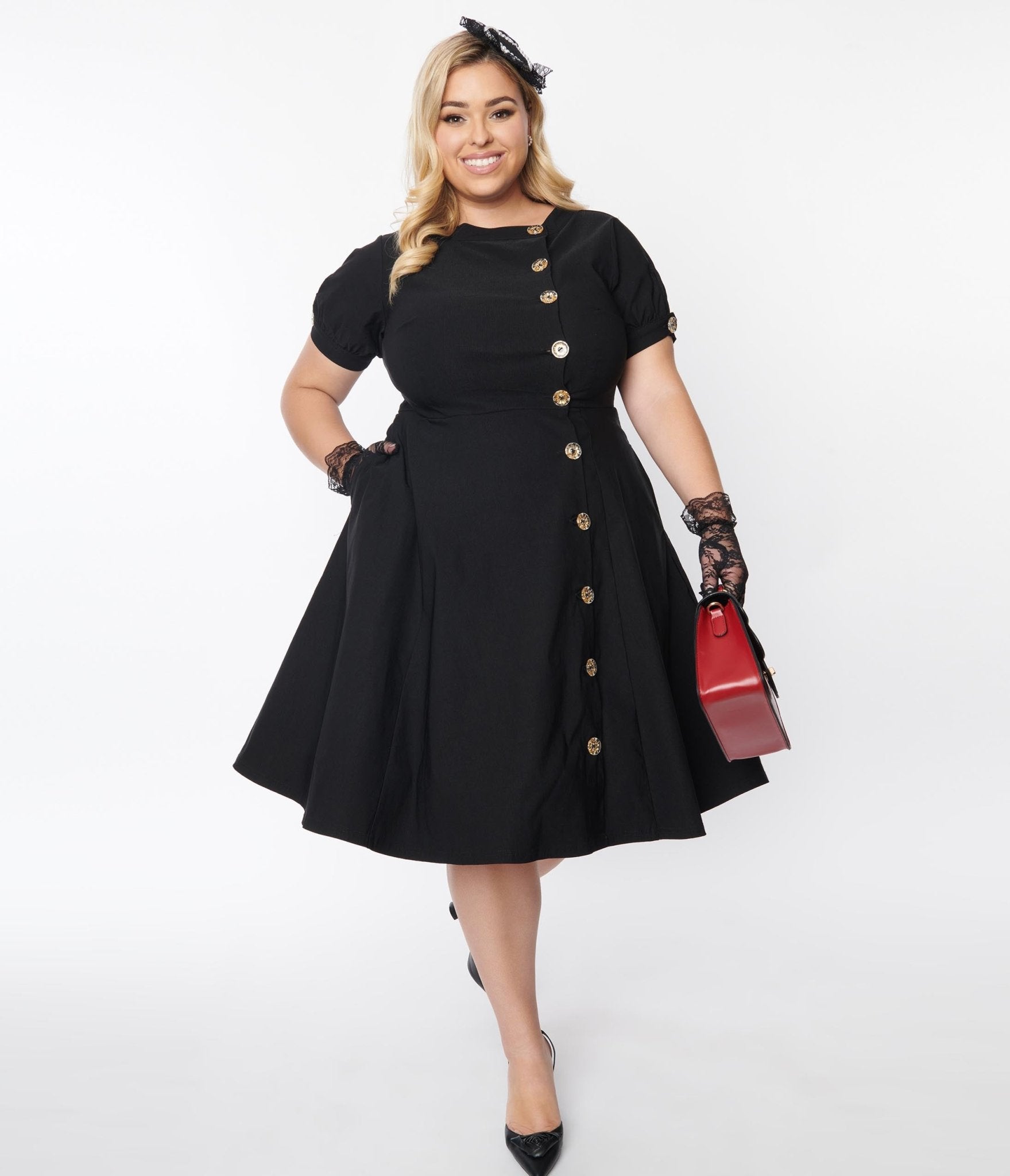 Unique Vintage Plus Size Black Button Swing Dress - Unique Vintage - Womens, DRESSES, SWING