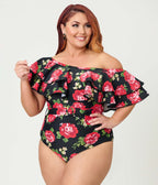Unique Vintage Plus Size Black Cabbage Roses Off Shoulder Nantucket Swimsuit - Unique Vintage - Womens, SWIM, 1 PC