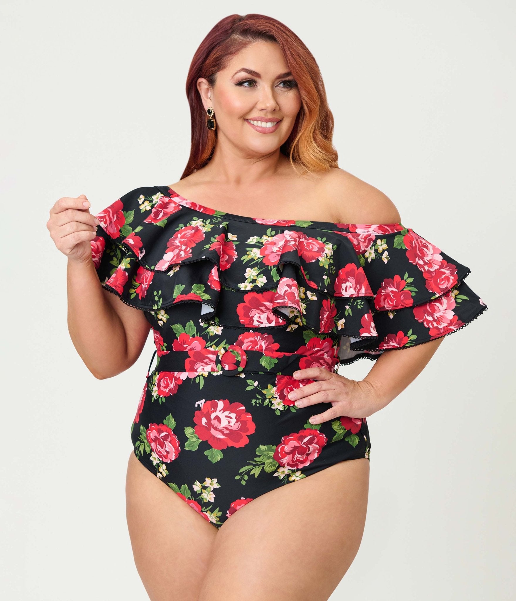 Unique Vintage Plus Size Black Cabbage Roses Off Shoulder Nantucket Swimsuit - Unique Vintage - Womens, SWIM, 1 PC
