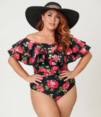 Unique Vintage Plus Size Black Cabbage Roses Off Shoulder Nantucket Swimsuit - Unique Vintage - Womens, SWIM, 1 PC