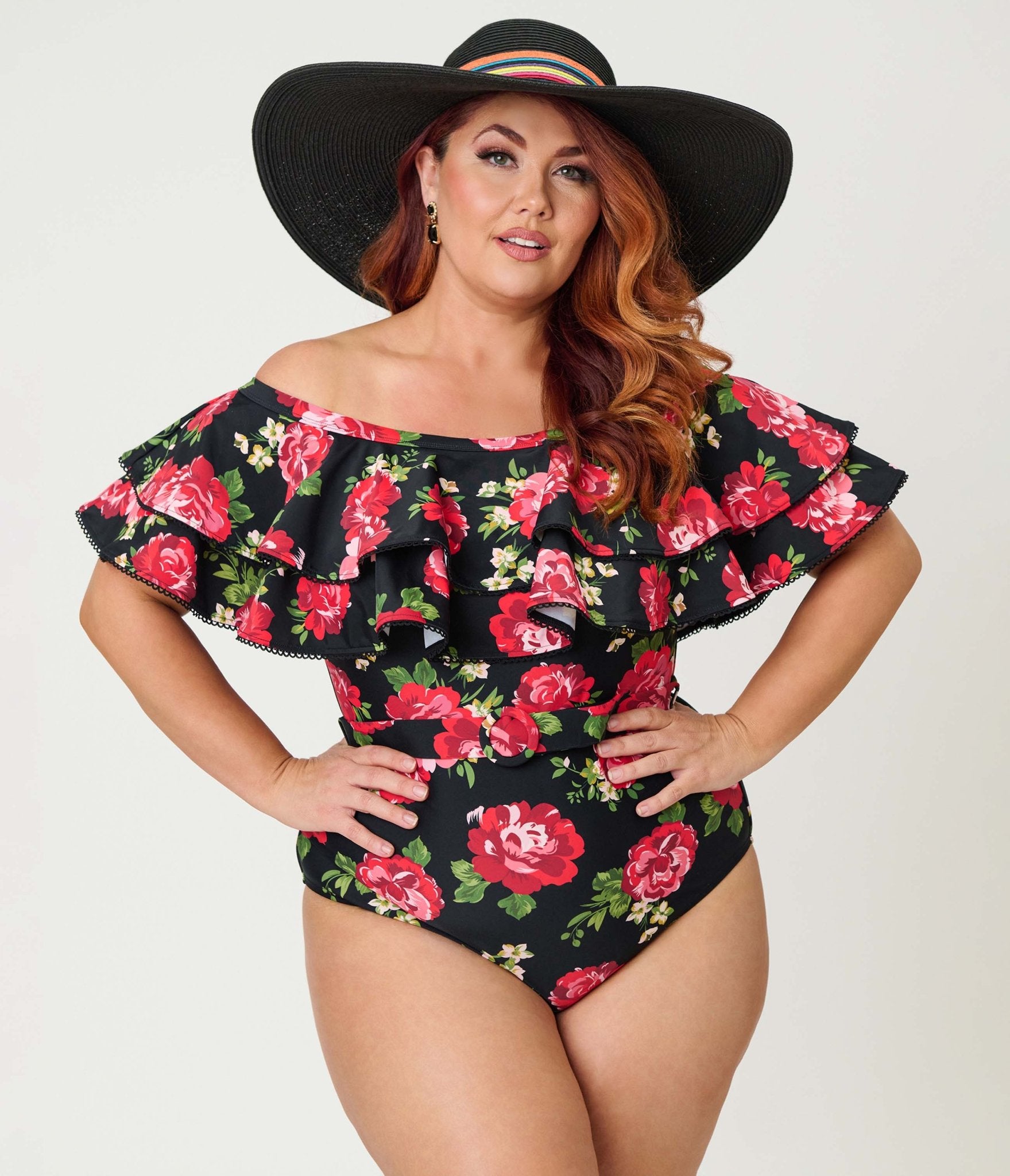 Unique Vintage Plus Size Black Cabbage Roses Off Shoulder Nantucket Swimsuit - Unique Vintage - Womens, SWIM, 1 PC