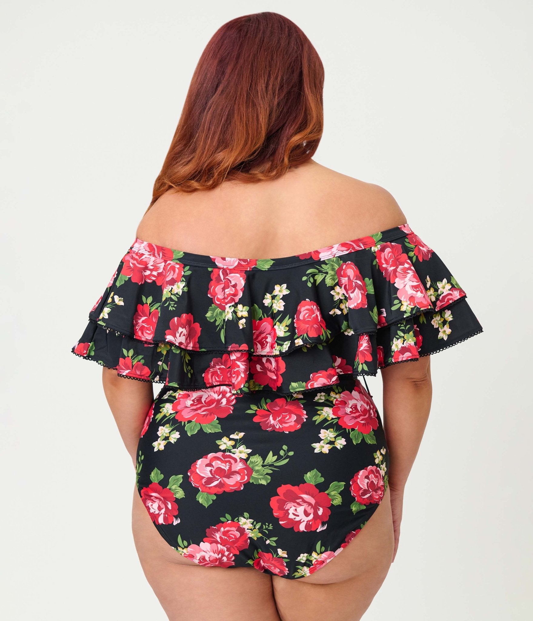 Unique Vintage Plus Size Black Cabbage Roses Off Shoulder Nantucket Swimsuit - Unique Vintage - Womens, SWIM, 1 PC