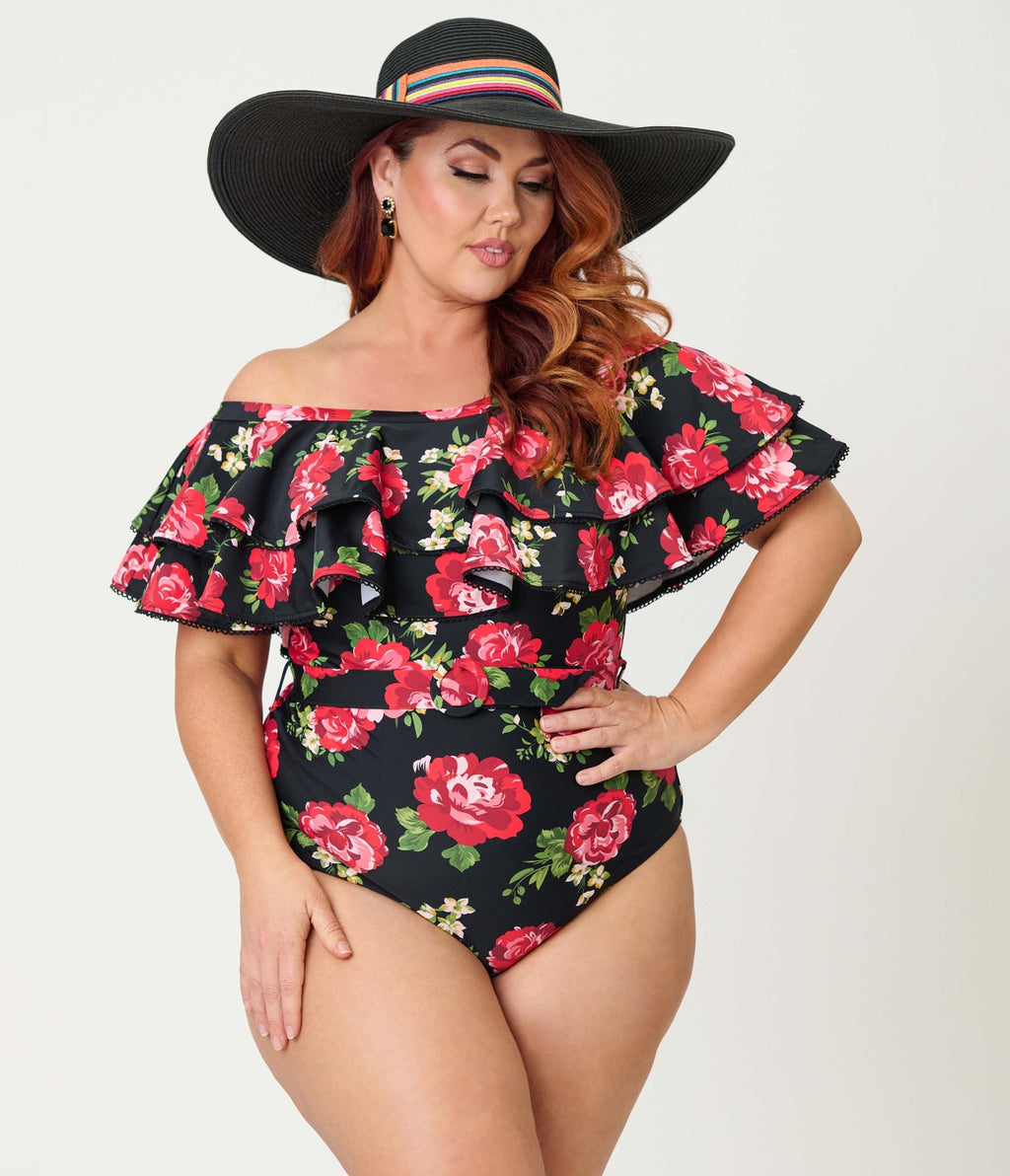 Unique Vintage Plus Size Black Cabbage Roses Off Shoulder Nantucket Swimsuit - Unique Vintage - Womens, SWIM, 1 PC
