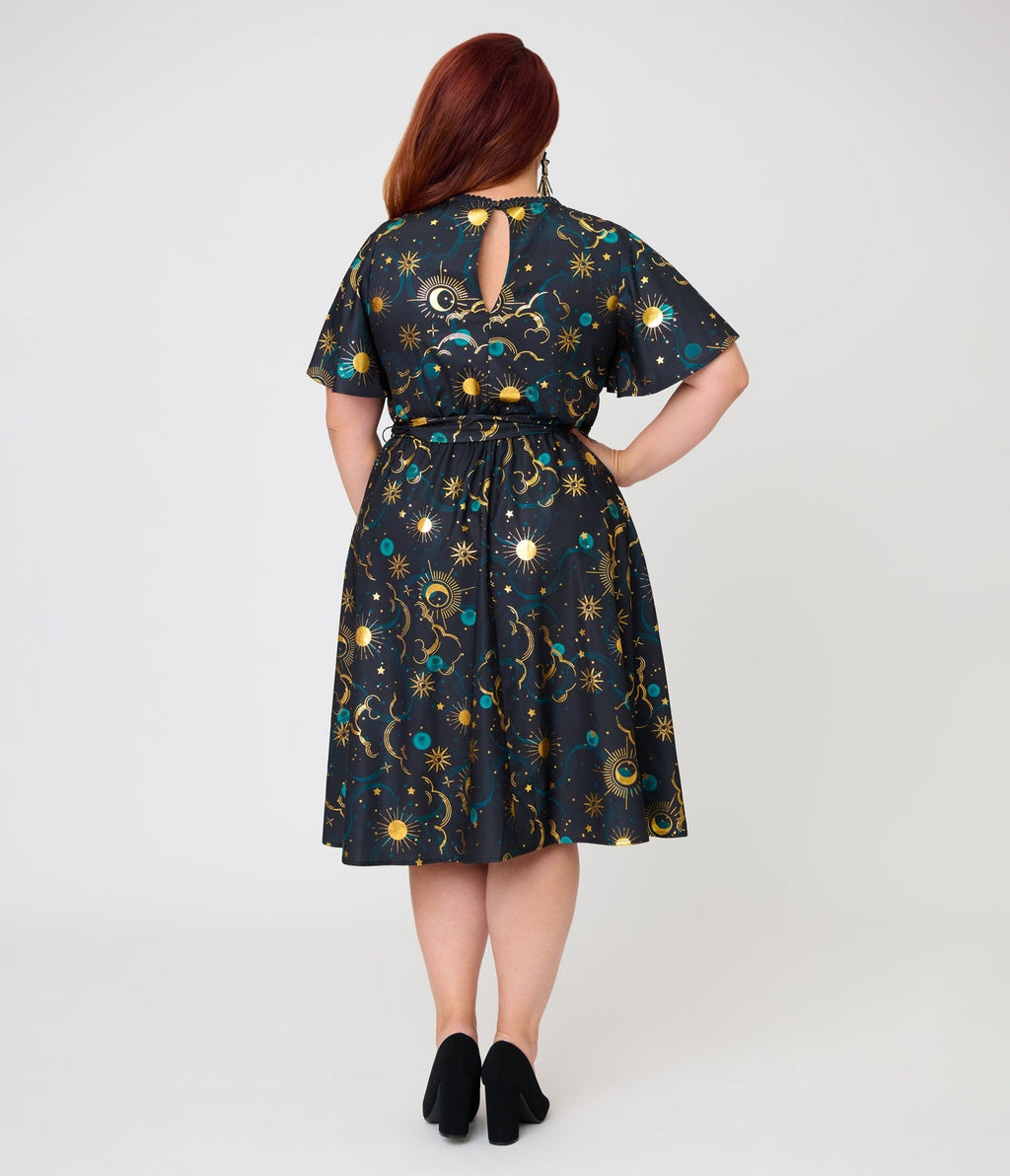 Unique Vintage Plus Size Black Celestial Print Swing Dress - Unique Vintage - Womens, DRESSES, SWING