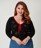 Unique Vintage Plus Size Black & Cherries Cardigan - Unique Vintage - Womens, TOPS, SWEATERS