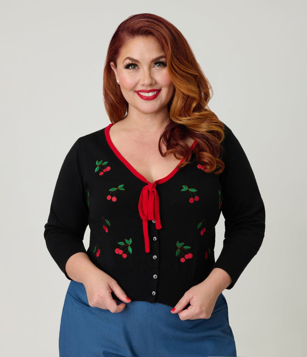 Unique Vintage Plus Size Black & Cherries Cardigan - Unique Vintage - Womens, TOPS, SWEATERS