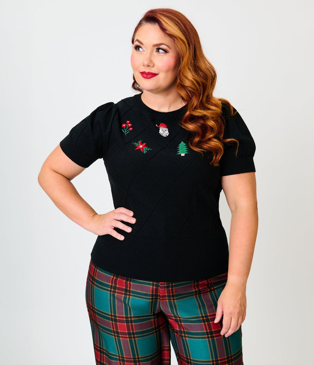 Unique Vintage Plus Size Black Christmas Embroidered Sweater - Unique Vintage -