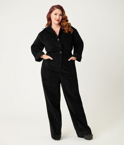 Unique Vintage Plus Size Black Corduroy Jumpsuit