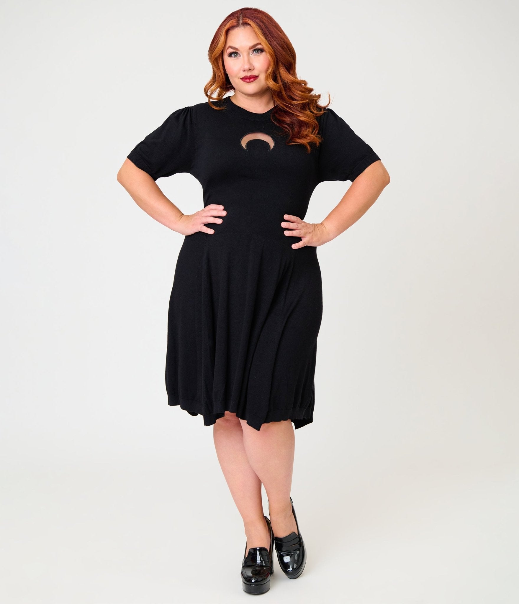 Unique Vintage Plus Size Black Crescent Moon Cutout Flare Dress