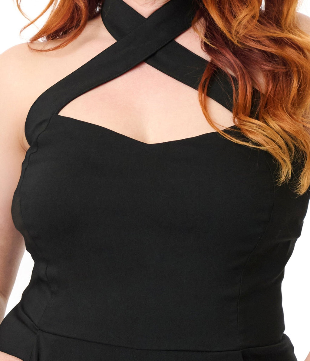 Unique Vintage Plus Size Black Criss Cross Halter Jumpsuit - Unique Vintage - Womens, BOTTOMS, ROMPERS AND JUMPSUITS