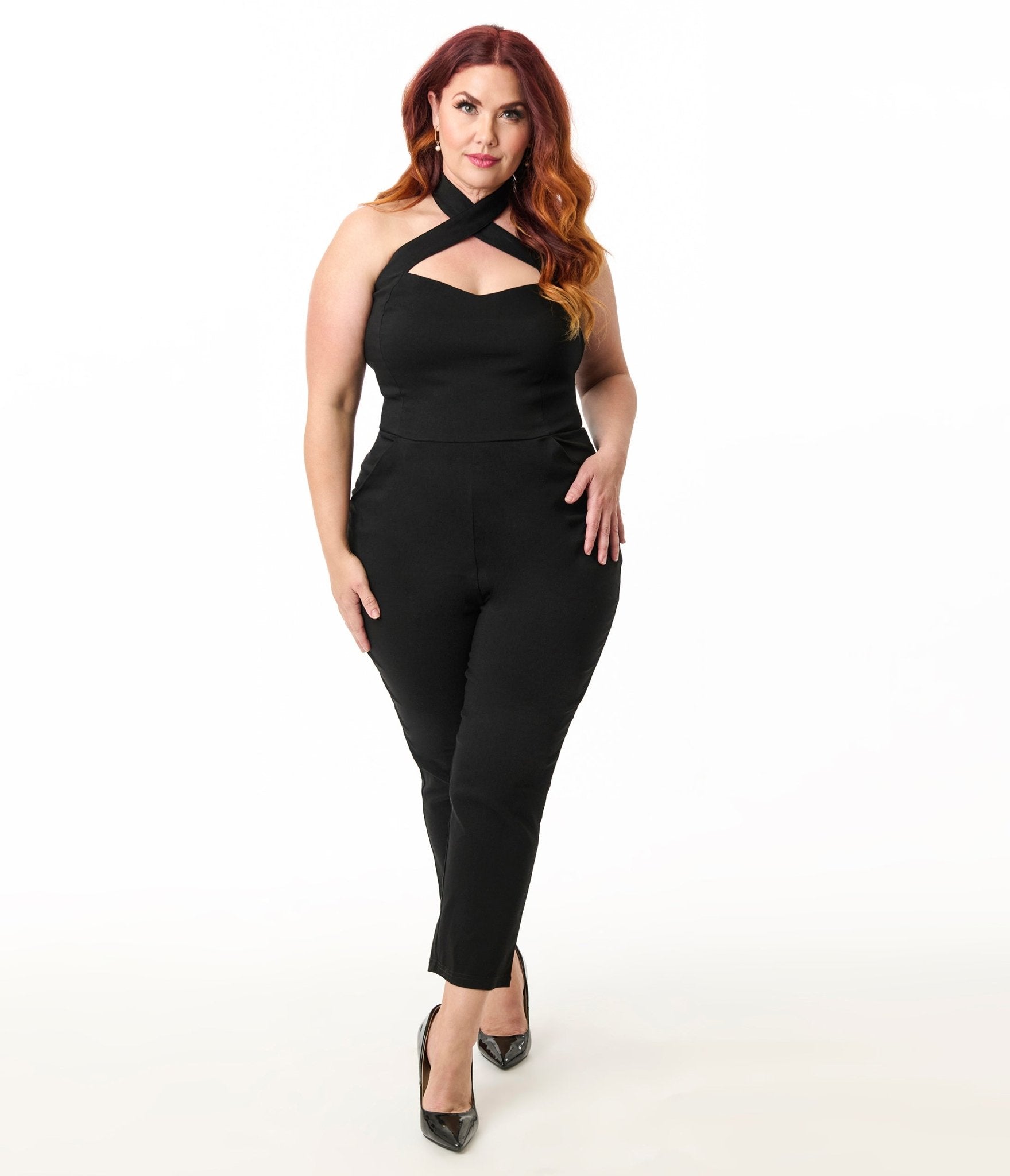 Unique Vintage Plus Size Black Criss Cross Halter Jumpsuit - Unique Vintage - Womens, BOTTOMS, ROMPERS AND JUMPSUITS