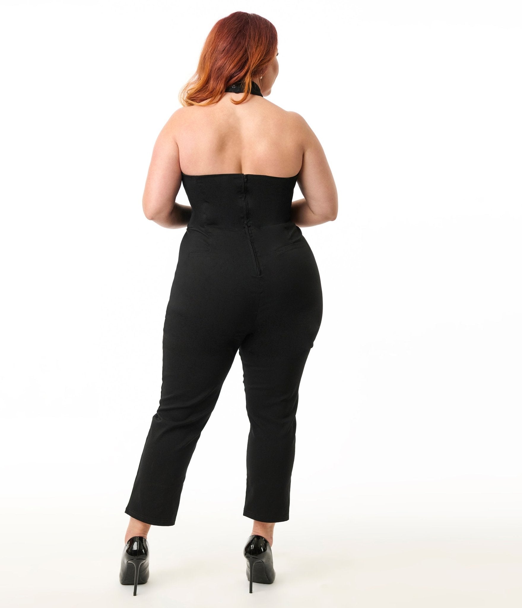 Unique Vintage Plus Size Black Criss Cross Halter Jumpsuit - Unique Vintage - Womens, BOTTOMS, ROMPERS AND JUMPSUITS