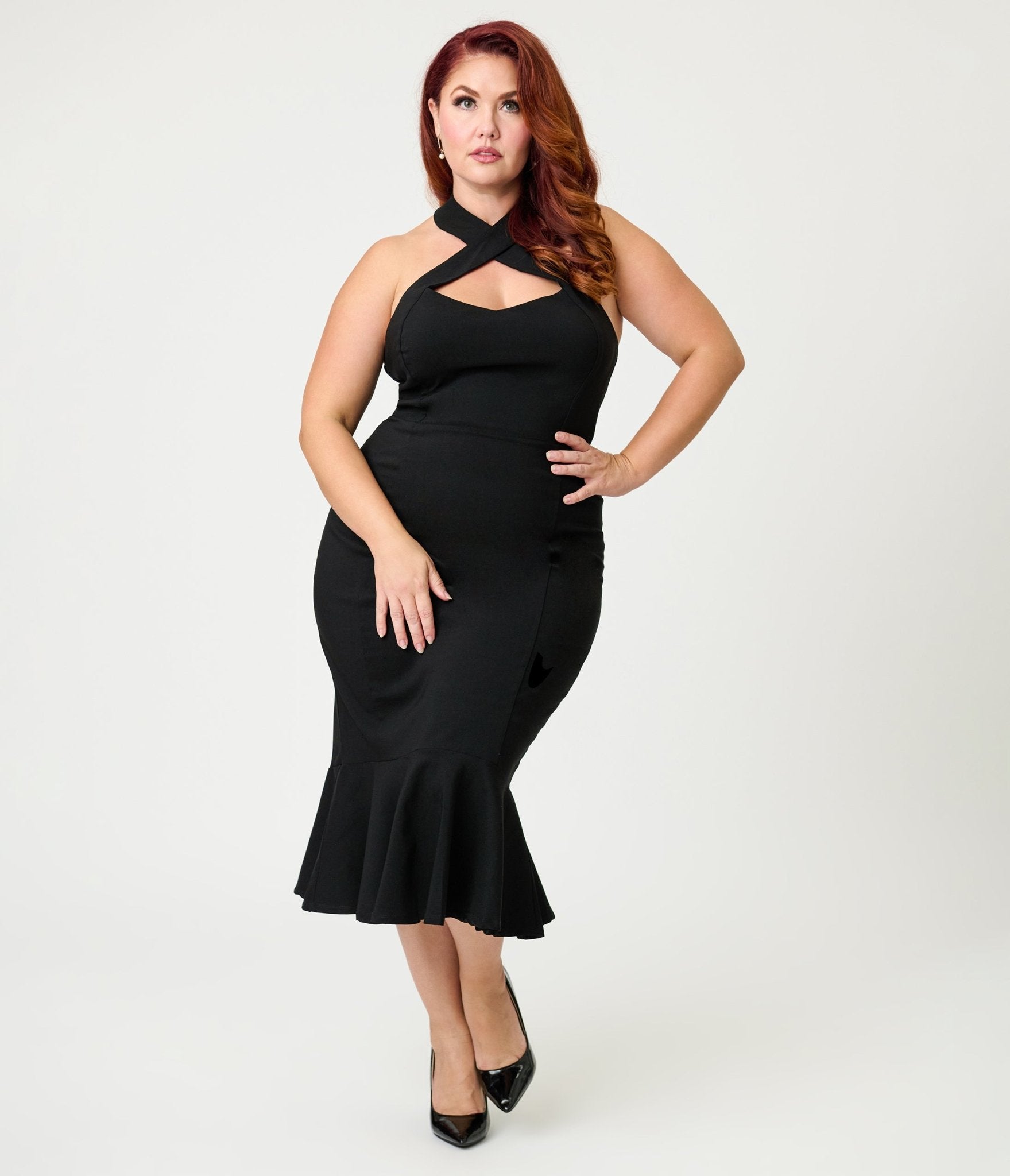 Unique Vintage Plus Size Black Criss Cross Halter Pencil Dress