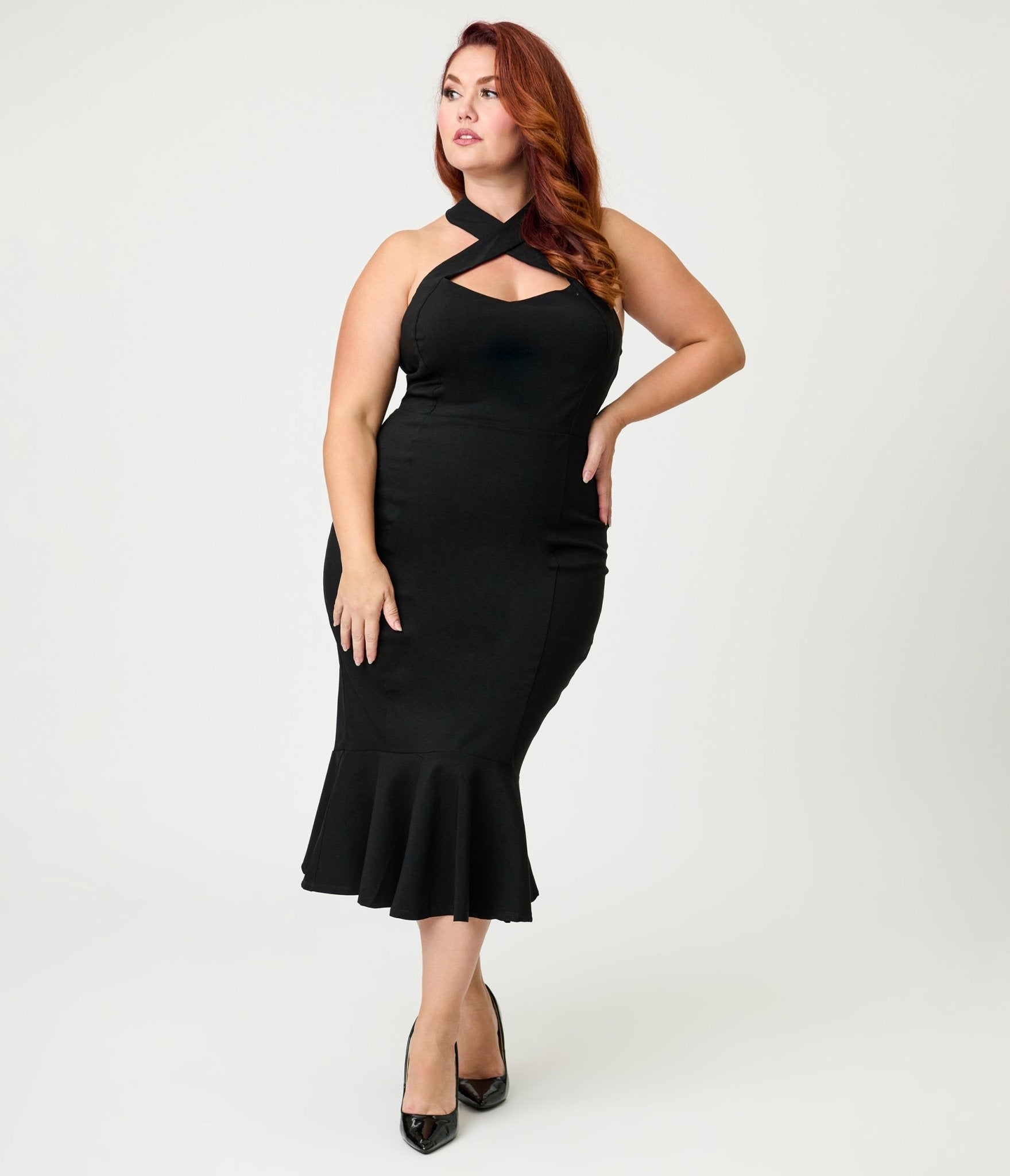 Unique Vintage Plus Size Black Criss Cross Halter Pencil Dress - Unique Vintage - Womens, DRESSES, WIGGLE