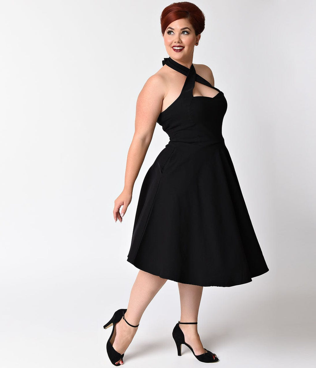 Unique Vintage Plus Size Black Criss Cross Halter Rita Flare Dress Unique Vintage Plus Size Black Criss Cross Halter Rita Flare Dress