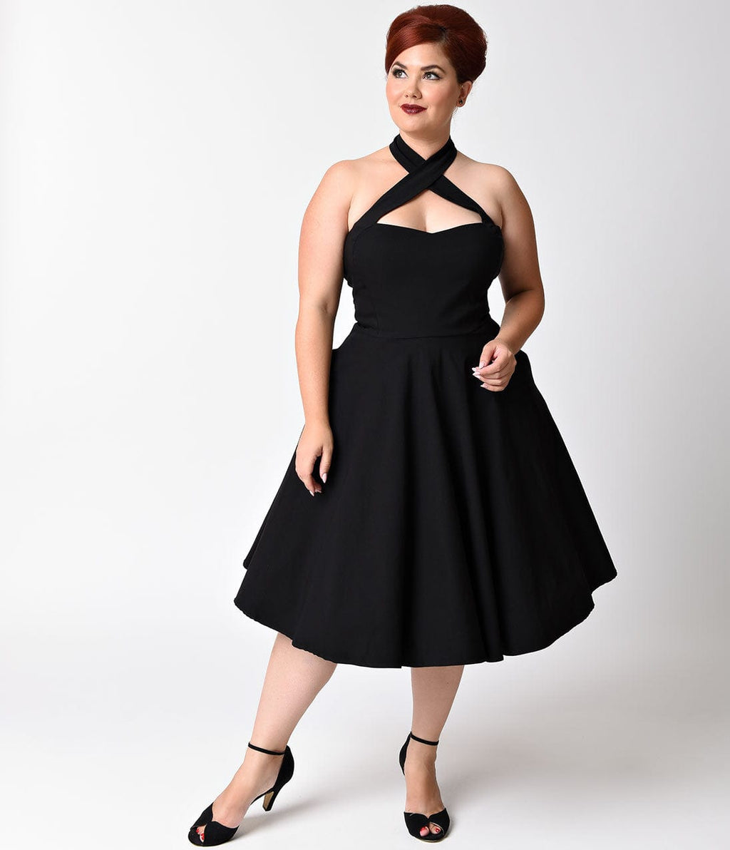 Unique Vintage Plus Size Black Criss Cross Halter Rita Flare Dress Unique Vintage Plus Size Black Criss Cross Halter Rita Flare Dress