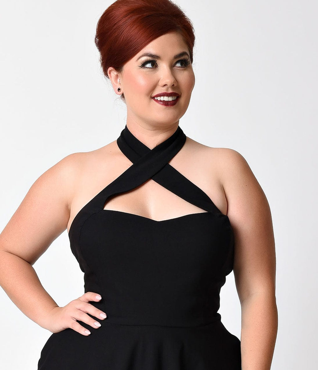 black halter top dress plus size Unique Vintage Plus Size 1960s Black Criss Cross Halter Penelope Wiggle Dress