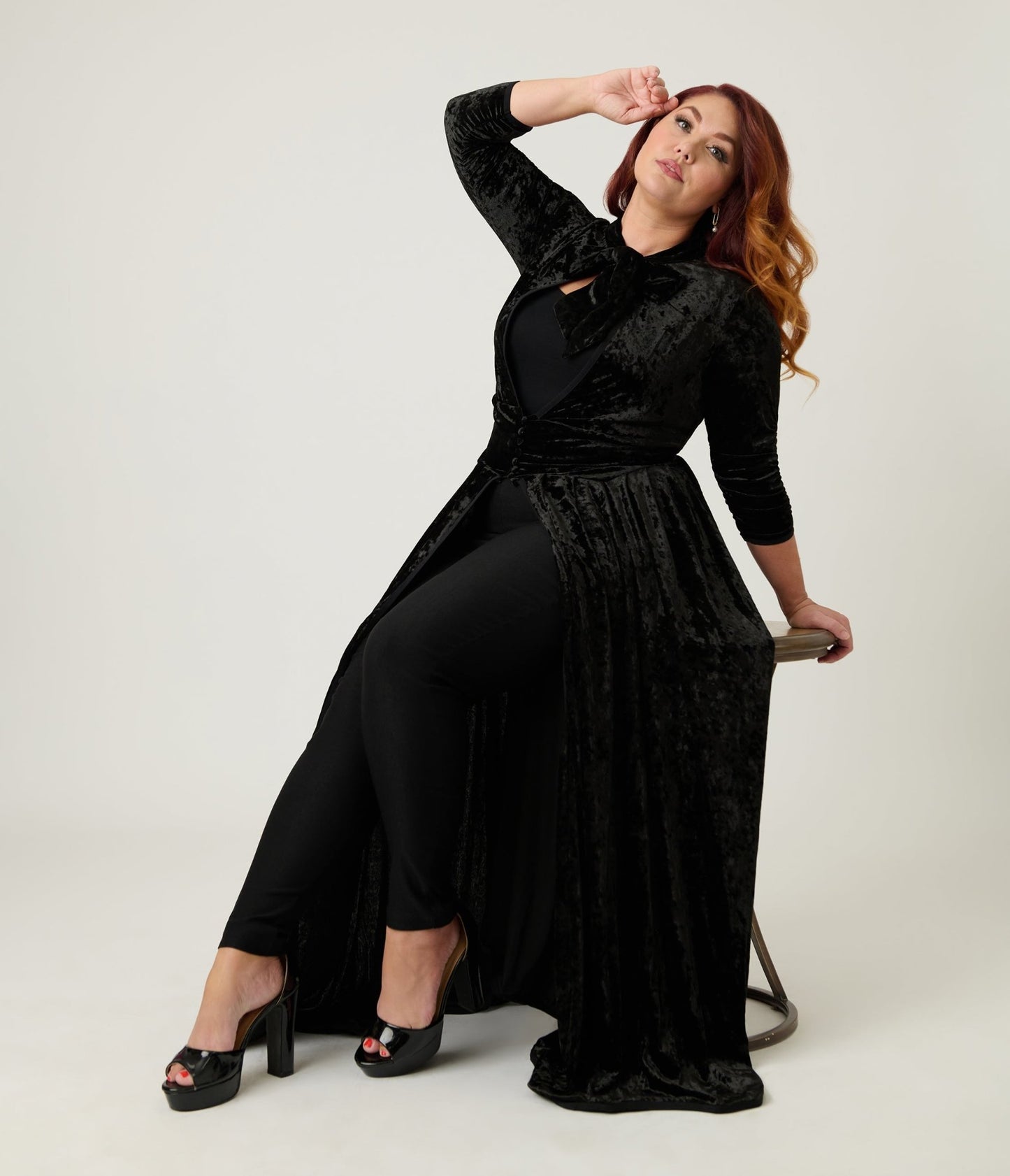 Unique Vintage Plus Size Black Crushed Velvet Starlet Duster - Unique Vintage - Womens, DRESSES, MAXI