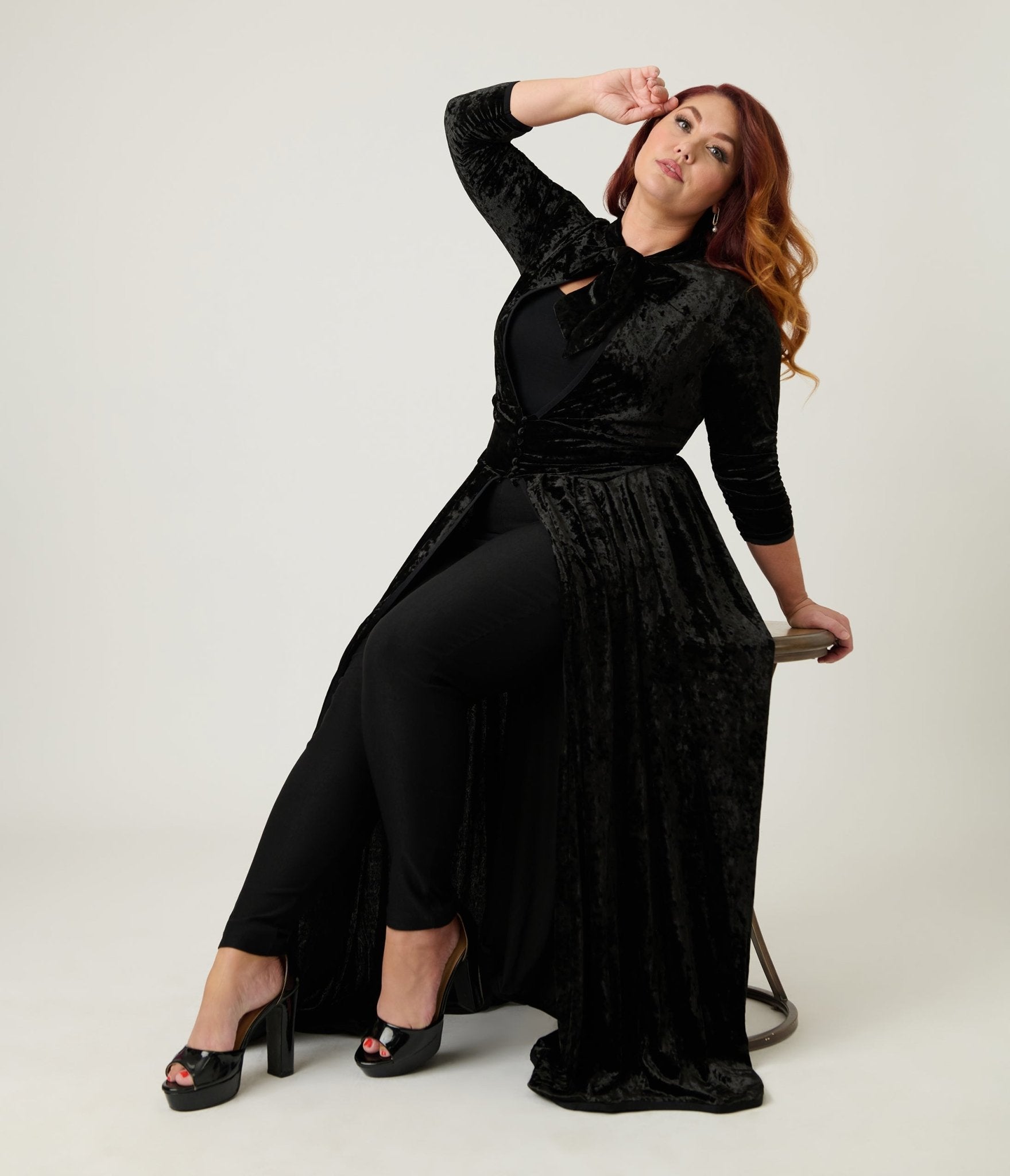 Unique Vintage Plus Size Black Crushed Velvet Starlet Duster - Unique Vintage - Womens, DRESSES, MAXI