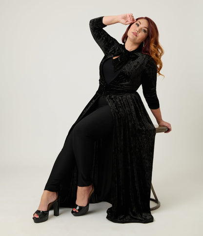 Unique Vintage Plus Size Black Crushed Velvet Starlet Duster - Unique Vintage - Womens, DRESSES, MAXI