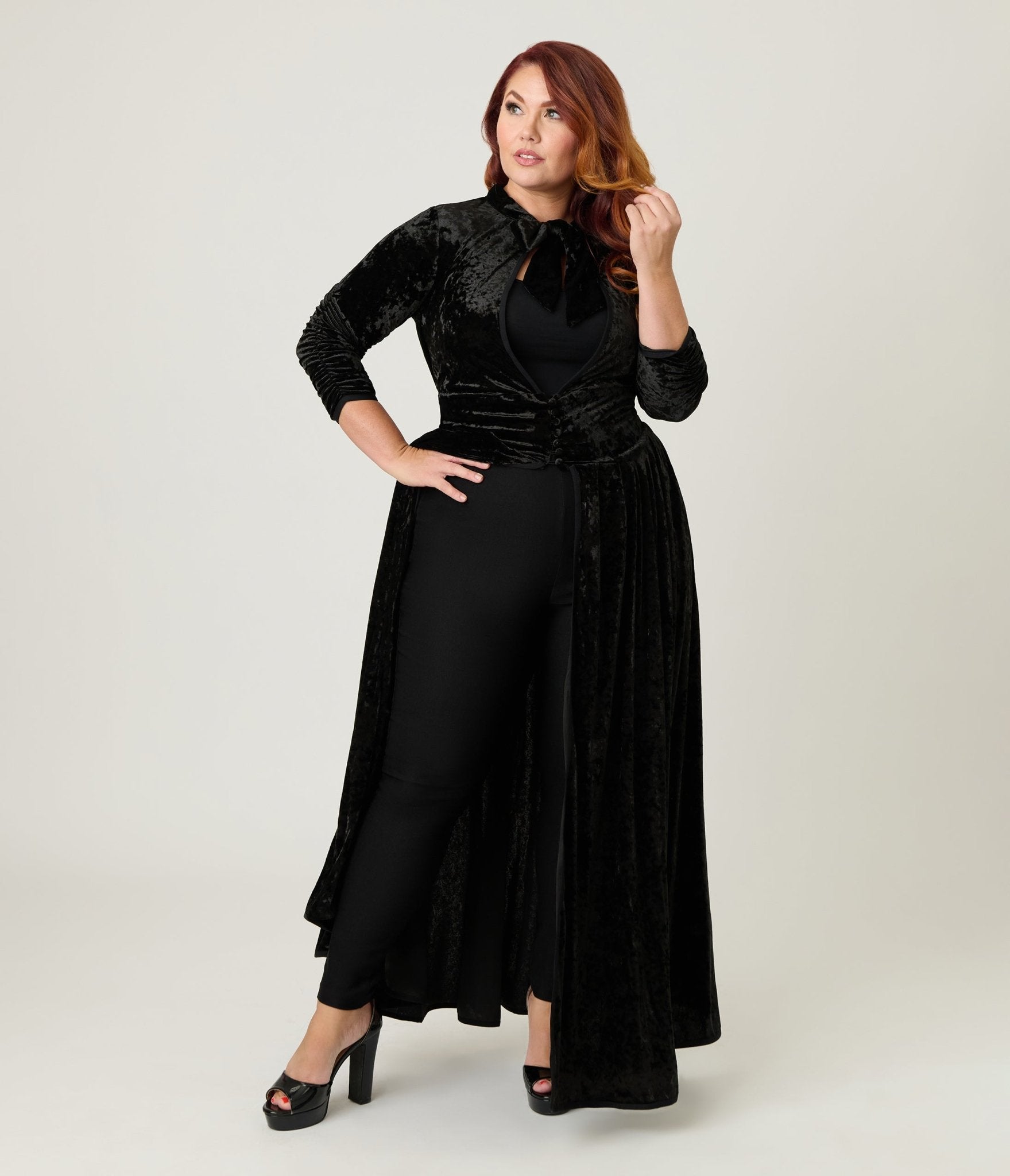 Unique Vintage Plus Size Black Crushed Velvet Starlet Duster - Unique Vintage - Womens, DRESSES, MAXI