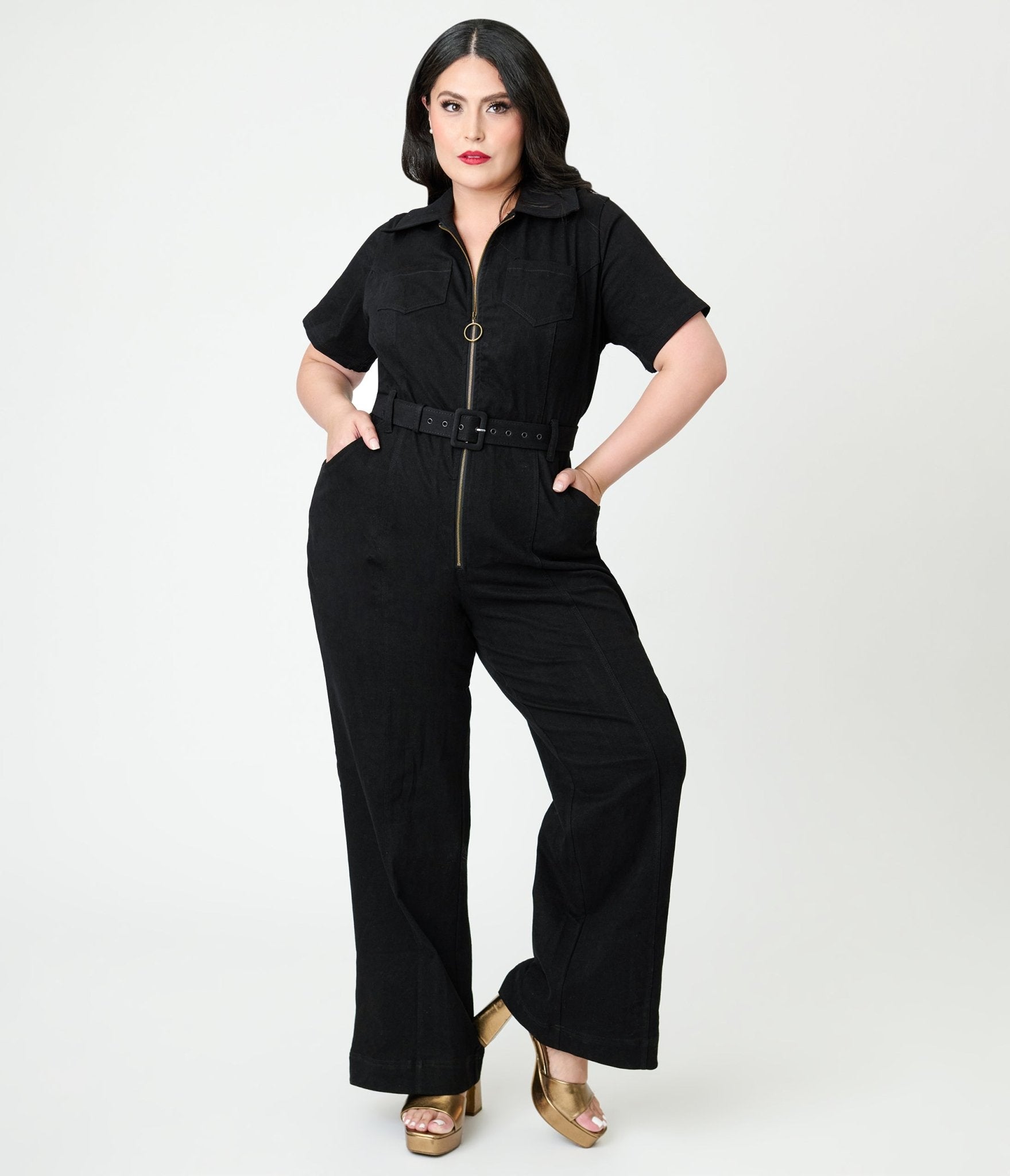 Unique Vintage Plus Size Black Denim Belted Jumpsuit - Unique Vintage - Womens, BOTTOMS, ROMPERS AND JUMPSUITS