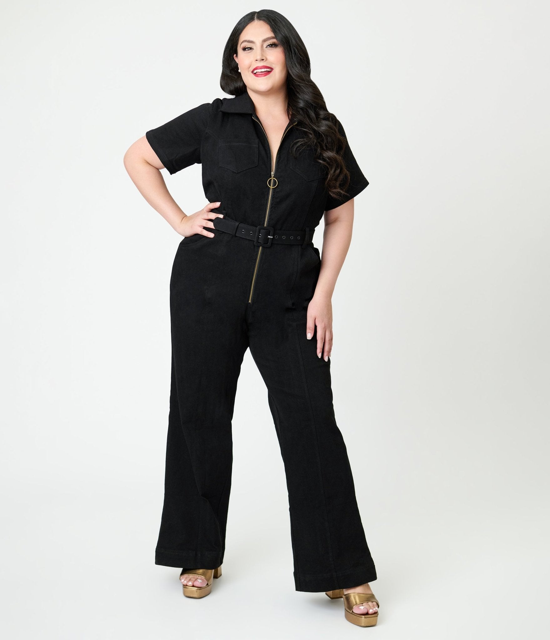 Unique Vintage Plus Size Black Denim Belted Jumpsuit Unique Vintage Plus Size Black Denim Belted Jumpsuit