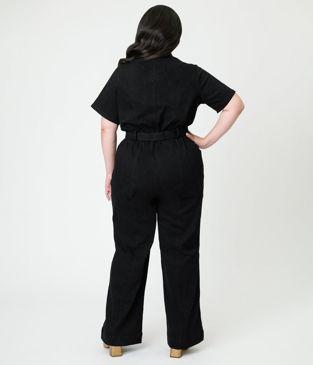 Unique Vintage Plus Size Black Denim Belted Jumpsuit - Unique Vintage - Womens, BOTTOMS, ROMPERS AND JUMPSUITS