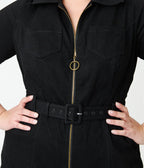 Unique Vintage Plus Size Black Denim Belted Jumpsuit - Unique Vintage - Womens, BOTTOMS, ROMPERS AND JUMPSUITS