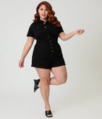 Unique Vintage Plus Size Black Denim Garage Style Romper - Unique Vintage - Womens, BOTTOMS, ROMPERS AND JUMPSUITS