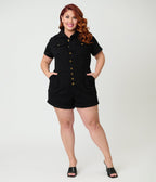 Unique Vintage Plus Size Black Denim Garage Style Romper - Unique Vintage - Womens, BOTTOMS, ROMPERS AND JUMPSUITS