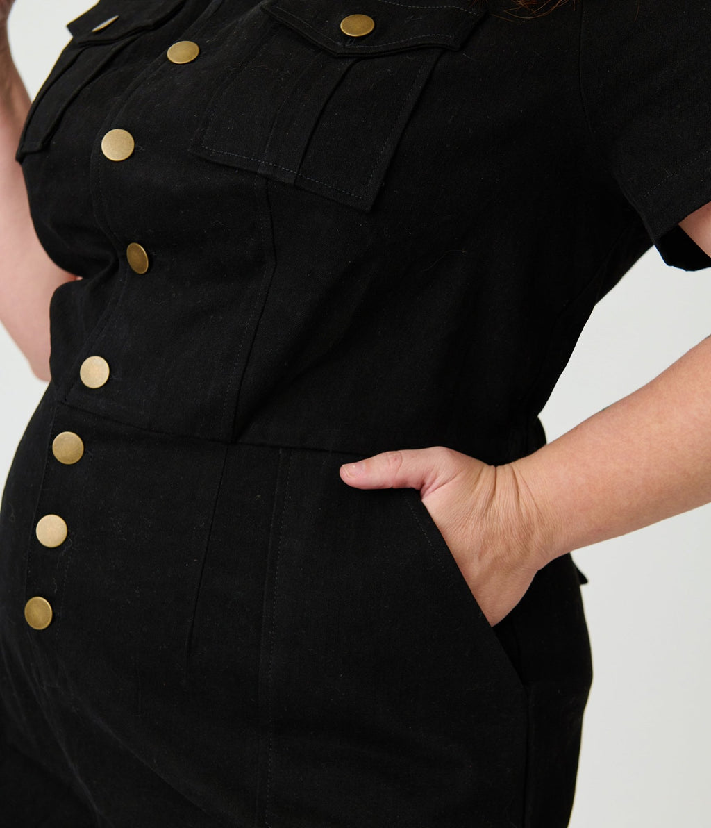 Unique Vintage Plus Size Black Denim Garage Style Romper - Unique Vintage - Womens, BOTTOMS, ROMPERS AND JUMPSUITS