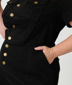Unique Vintage Plus Size Black Denim Garage Style Romper - Unique Vintage - Womens, BOTTOMS, ROMPERS AND JUMPSUITS
