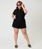 Unique Vintage Plus Size Black Denim Garage Style Romper - Unique Vintage - Womens, BOTTOMS, ROMPERS AND JUMPSUITS