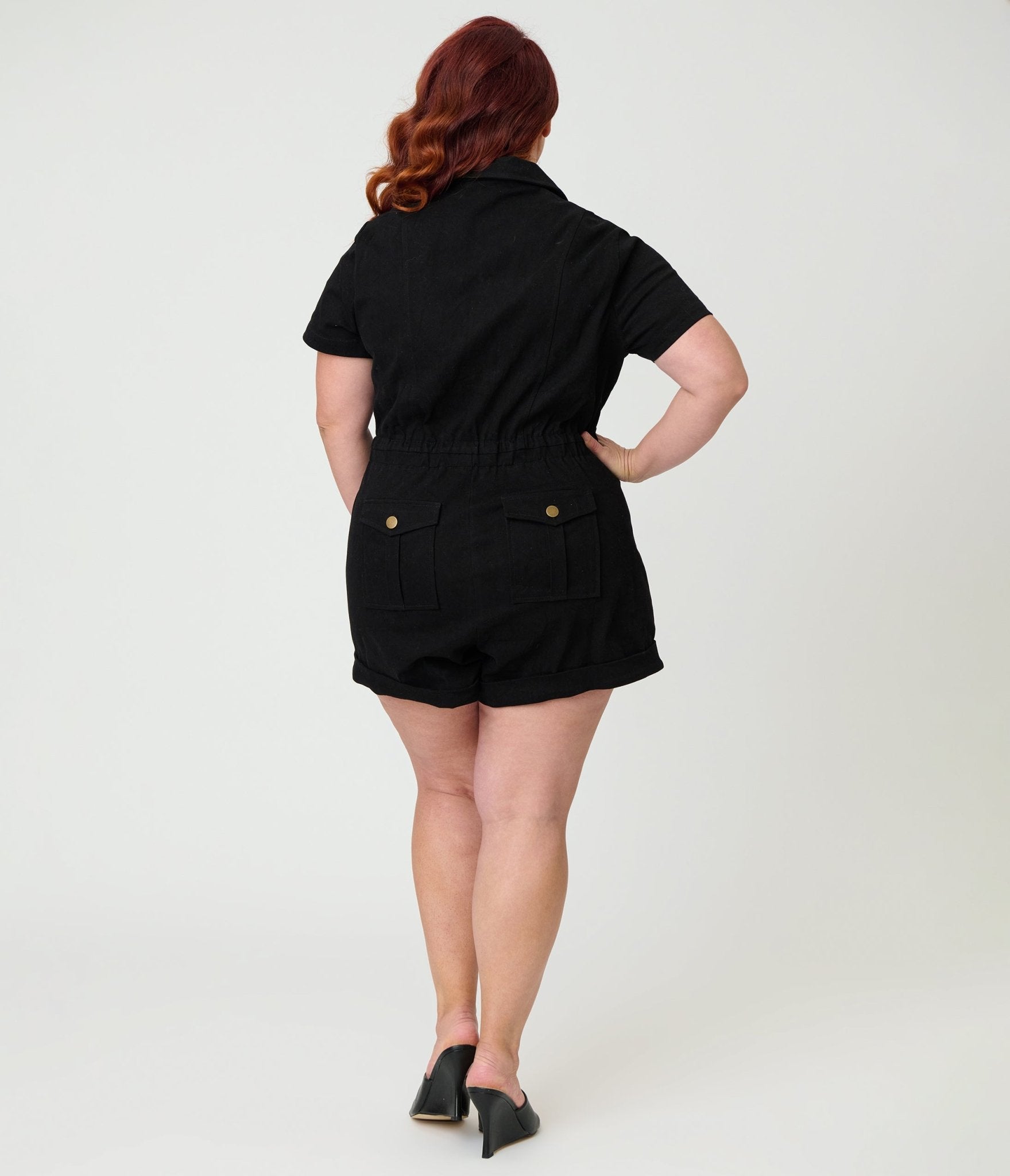Unique Vintage Plus Size Black Denim Garage Style Romper Unique Vintage Plus Size Black Denim Garage Style Romper