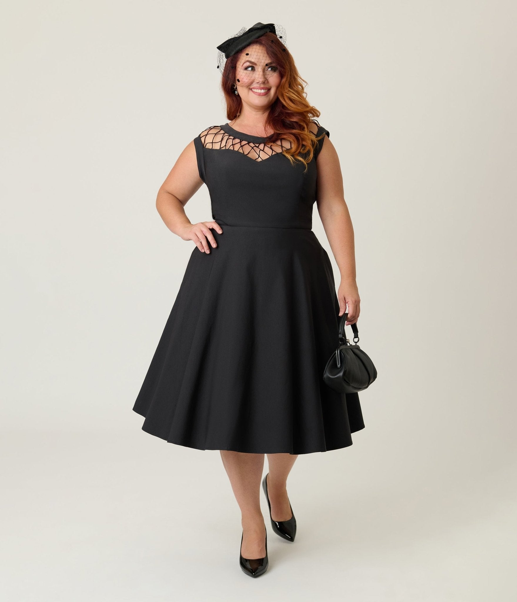 Unique Vintage Plus Size Black Diamond Cable Swing Dress
