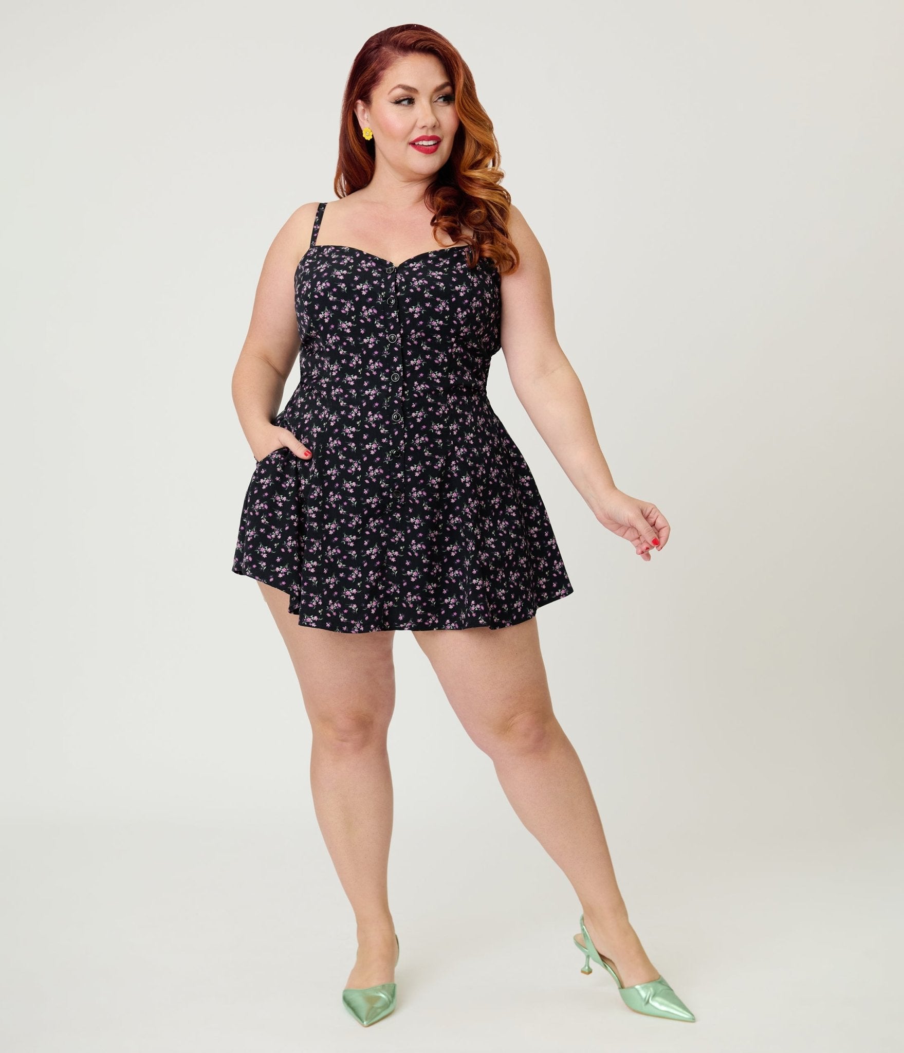 Unique Vintage Plus Size Black Ditzy Floral Sweetheart Skirted Romper
