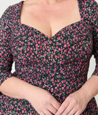 Unique Vintage Plus Size Black Ditzy Rose Pleated Bust Swing Dress - Unique Vintage - Womens, DRESSES, SWING