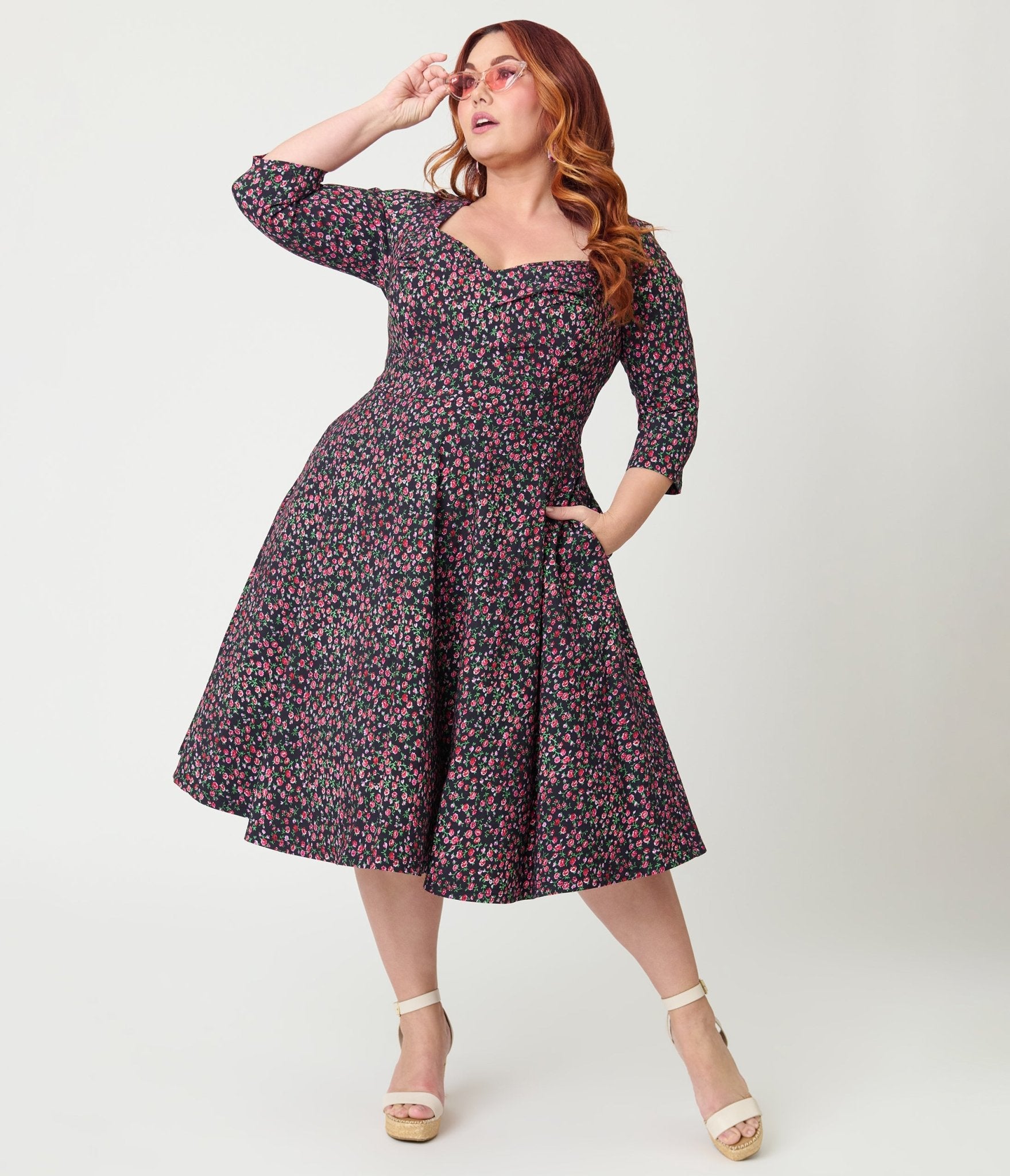 Unique Vintage Plus Size Black Ditzy Rose Pleated Bust Swing Dress - Unique Vintage - Womens, DRESSES, SWING
